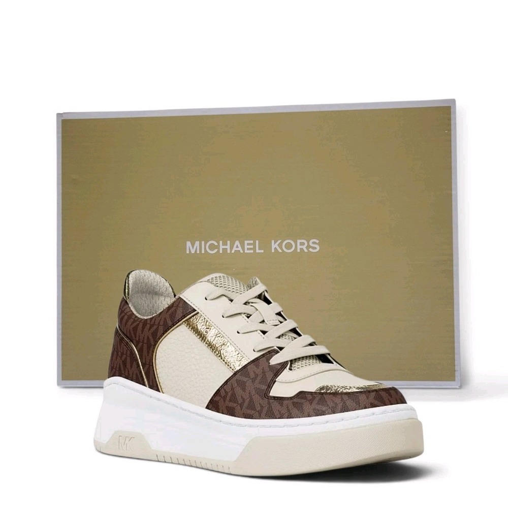 Michael Kors Lexi Women's 9.5 M Brown Sneaker Mixed-Media MK Monogram New In Box